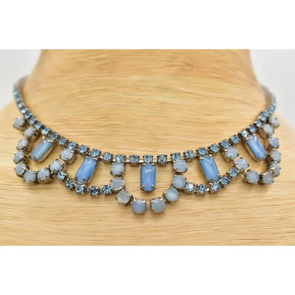 Vintage Crystal Collar Necklace Cabochon Blue Prong Rhinestone Silver 60s Bin3D